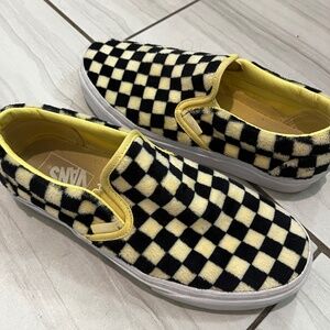 Fuzzy Yellow Checkered Slip-On Vans